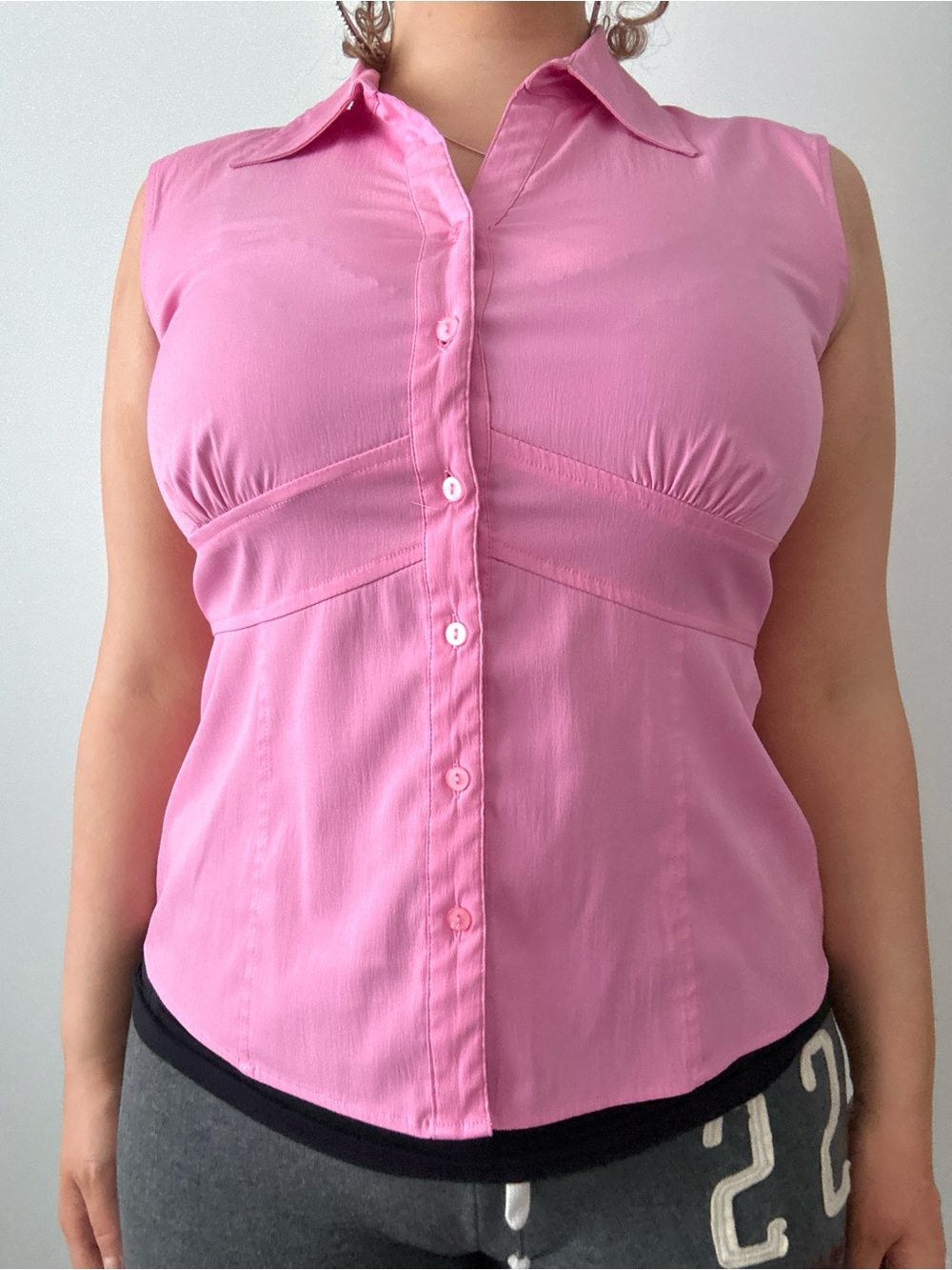 pink collar button up sleeveless blouse